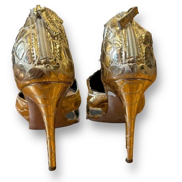 Rupert Sanderson Gold Gladiator Croc Reptile Leaf Print open Toe Heel Sandals - Picture 6 of 10